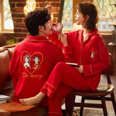 Cotton wedding couple pajamas newlyweds set Spring and Autumn Red Men Autumn Winter bride home clothes women