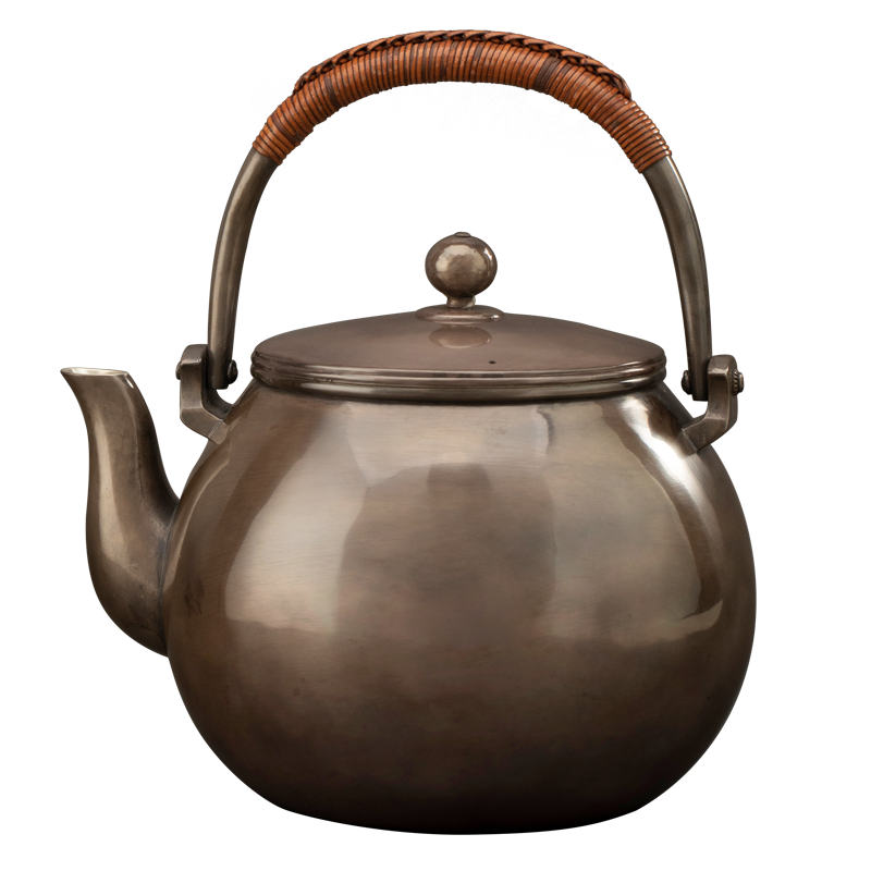 純銀手工銀壺山口丹金廣口壺煮茶壺復古燒水壺編藤提樑壺自然錘紋