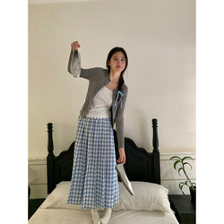 TRYOLO homemade blue and white plaid skirt for women, slim A-line skirt, long skirt, umbrella skirt, spring