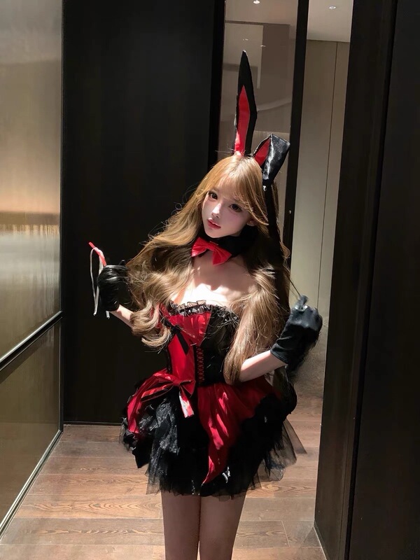 Flower Room Red Veil Succubus* Tube Top Bunny Girl Uniform Set Sexy Pure Desire Halloween Patent Leather Cosplay