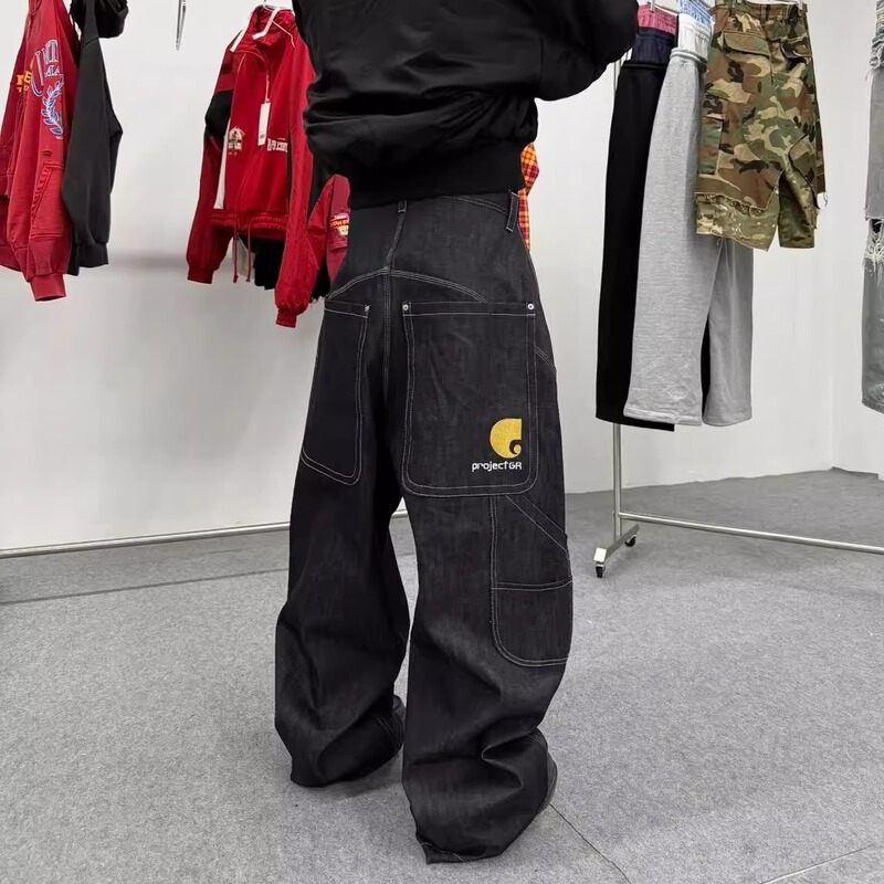 Project Gr by Grailz Retro Straight-Leg Jeans with a Stiff Silhouette, Multiple Pockets, and a Baggy Fit in Raw Denim Korean Style