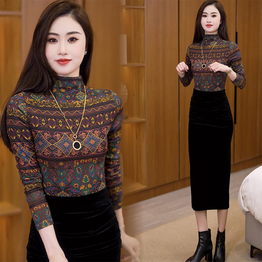 Ti Shitian camisa con medio cuello alto y manga larga roja