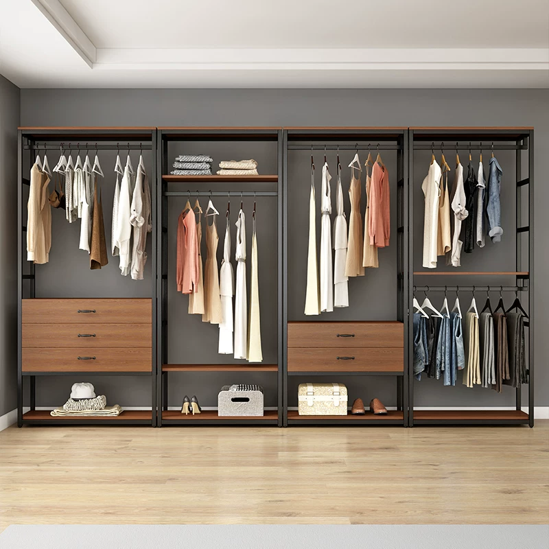 Вешалка для одежды в шкафу из цельного дерева типа step-in, полка cloakroom, металлическая железная под полкой, открытая - конец