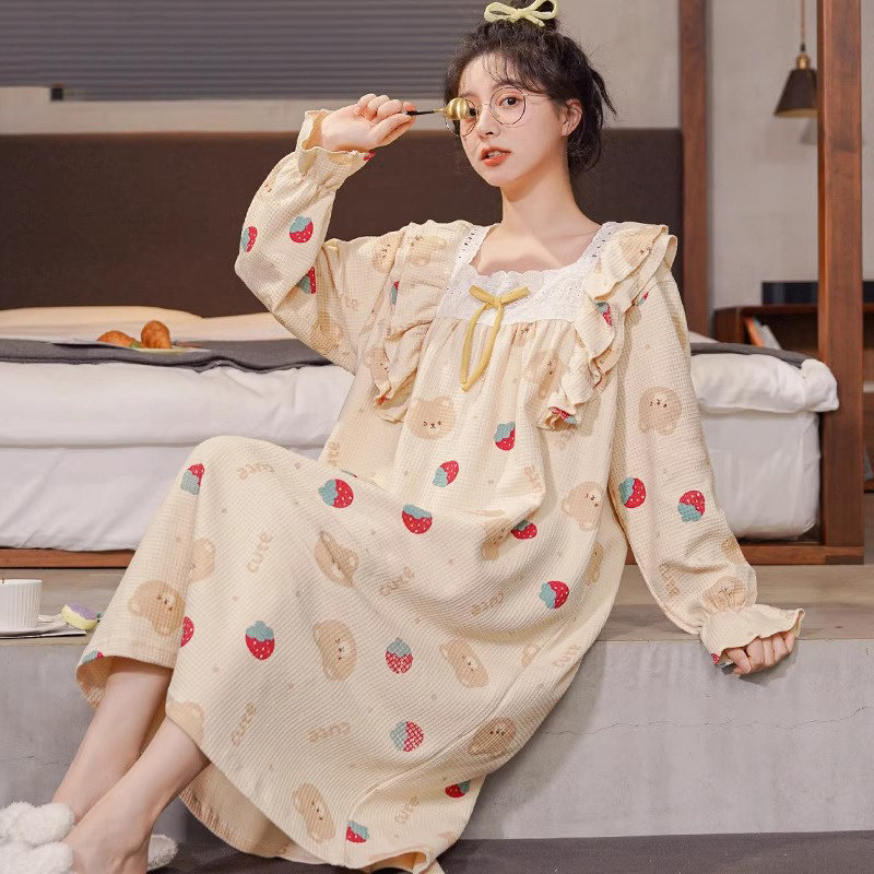 Ночная рубашка, женская весенне-осенняя пижама с длинными рукавами, женская новинка 2025 года, сетчатое красное осеннее платье большого размера, домашняя одежда Изображение 1