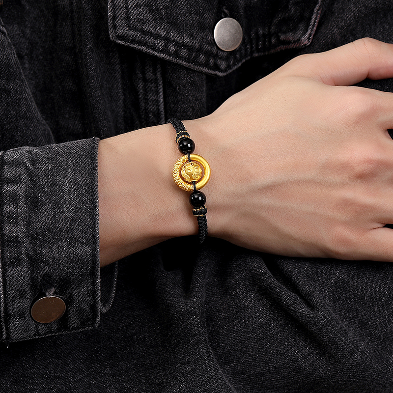 Pure Gold 999 Gold Bead Bracelet for Men with Safety Buckle, Braided Bracelet with Fortune Beads, Gift for Good Luck Pure Gold 999 Gold Bead Bracelet for Men with Safety Buckle, Braided Bracelet with Fortune Beads, Gift for Good Luck