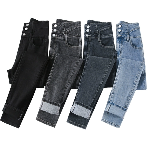 Ретро джинсы, демисезонные утепленные штаны, эластичный карандаш, высокая талия, подходит для подростков, в обтяжку