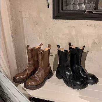 Genuine leather 2025 new autumn and winter washed horsehide pleated thick-soled chelsea stretch martin short boots women's chimney boots