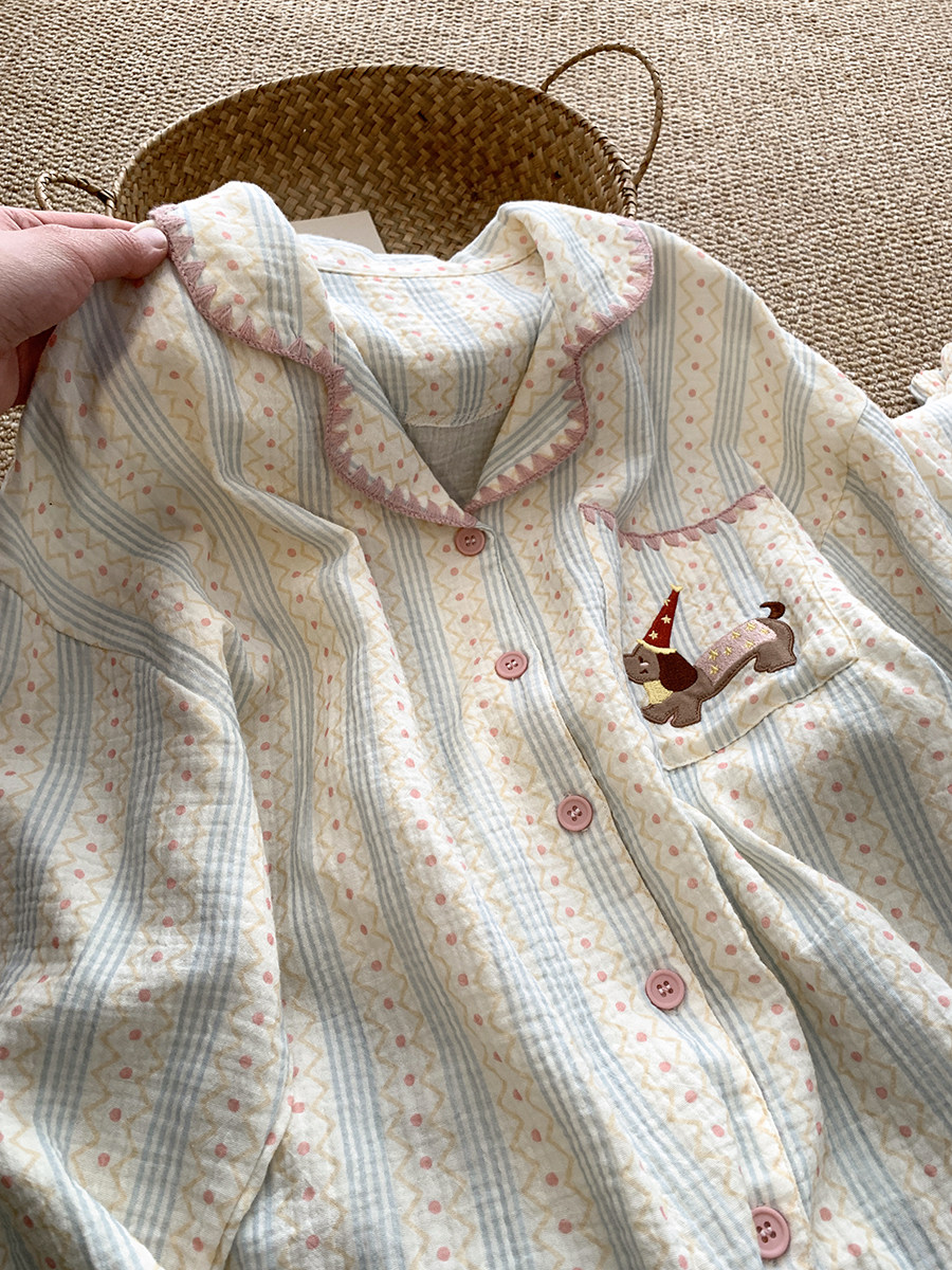 带胸垫月子服春秋季纯棉双层纱布吸汗孕妇产妇哺乳睡衣产后喂奶衣 — 4