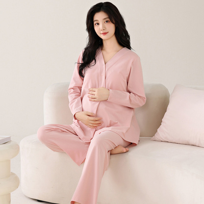 Spring and Autumn Cloud-Like Pure Cotton Maternity Pajamas with Chest Pads, Simple Postpartum Maternity Wear, Summer Thin Style Nursing Sleepwear for — 3
