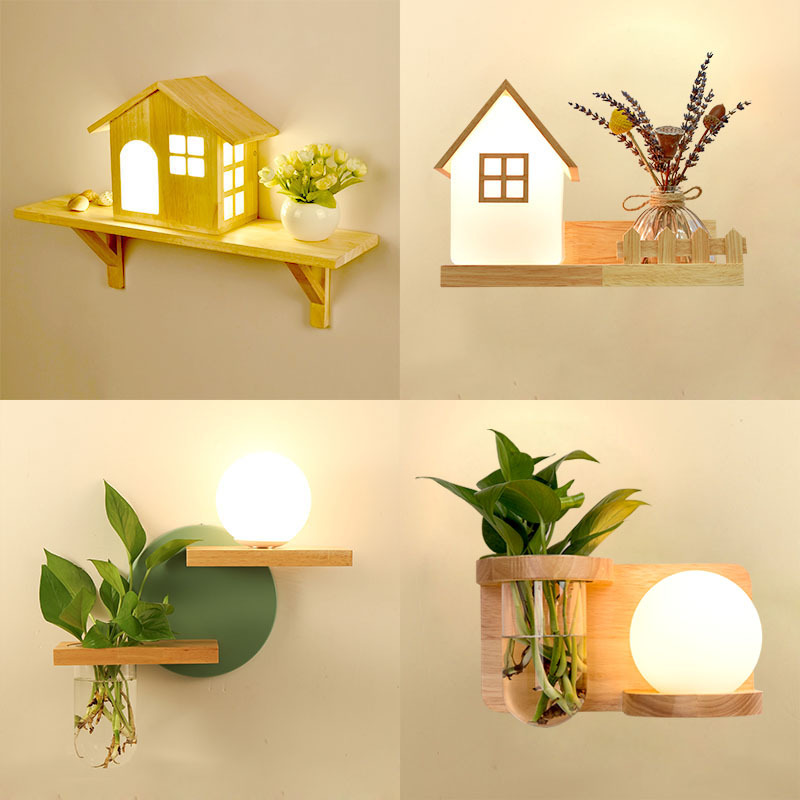 Wall Lamp Bedside Lamp Bedroom Living Room Background Wall Decoration Balcony Aisle Corridor Grille Scandinavian Solid Wood Plant Wall Lamp