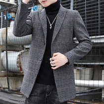 2021 New Wool Coat Men's Medium and Long Plaid Suit Collar Wool Coat Autumn and Winter Youth Men's Wear