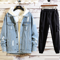 Teen autumn suit with clothes Student casual two-piece set spring and autumn handsome boys denim jacket men