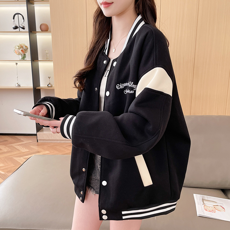 Early Spring American Retro Baseball Jacket for Women, Spring, Autumn and Winter Short Style, Fleece-Lined and Thickened Jacket, Student and Older Children's Casual Coat