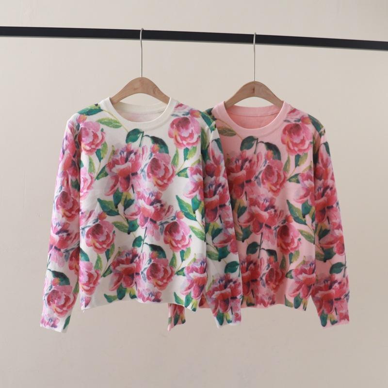 New Autumn and Winter Full-Body Rose Flower Print Round Neck Long-Sleeved Knitwear Base Sweater New Autumn and Winter Full-Body Rose Flower Print Round Neck Long-Sleeved Knitwear Base Sweater
