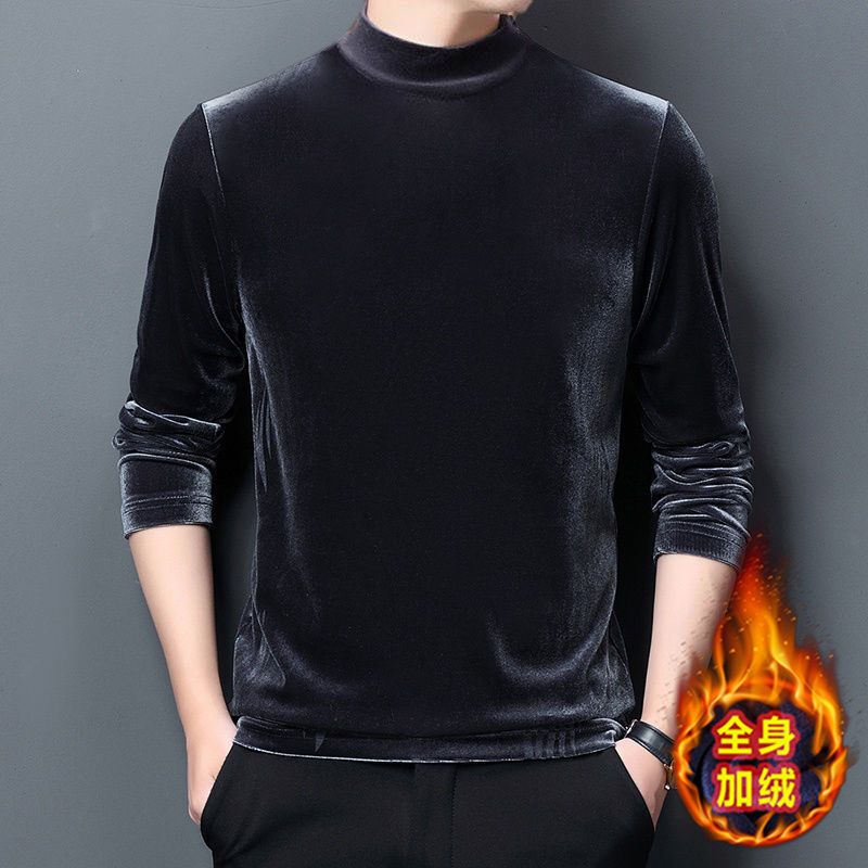Men's Velvet Sweatshirt, Autumn and Winter Long-Sleeved Loose Fit, Large Size Top, Base Layer Shirt, Casual Half-High Collar, Fleece-Lined, Dad Style