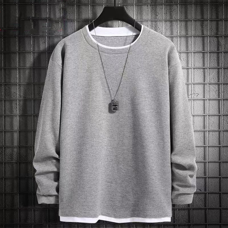 Fake Two-Piece Waffle Knit Long-Sleeve T-Shirt for Men, Spring and Autumn, Solid Color, Large Size, Base Layer, Fleece-Lined, Warm, Round Neck Top, Trendy Fake Two-Piece Waffle Knit Long-Sleeve T-Shirt for Men, Spring and Autumn, Solid Color, Large Size, Base Layer, Fleece-Lined, Warm, Round Neck Top, Trendy