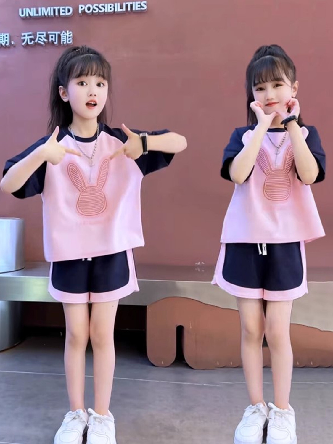 <!--女童运动短袖套装夏季新款2024儿童休闲韩版中大童短裤女孩两件套-->