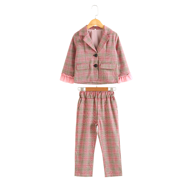 Cô gái mùa xuân Suit Hai mảnh Set Childrens sọc ca rô Suit Xuân Thu Casual Little Girl Coat Hàn Quốc Edition.