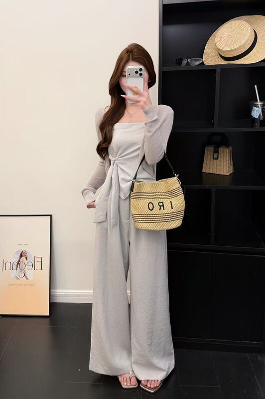 French-Style Lace-Up Camisole Knit Cardigan Women's 2026 Summer Elegant High-Waisted Slimming Wide-Leg Pants Three-Piece Set