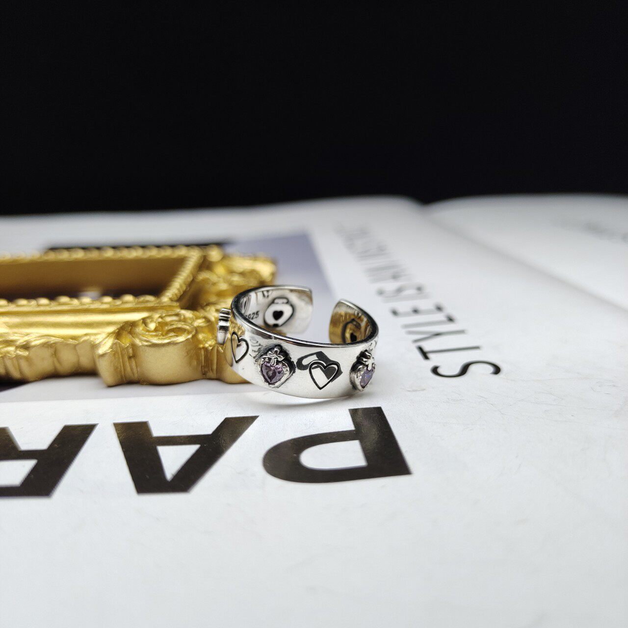 s925 Pure silver Han edition in love pattern powder drilling ring for niche design style light luxury and fresh wind