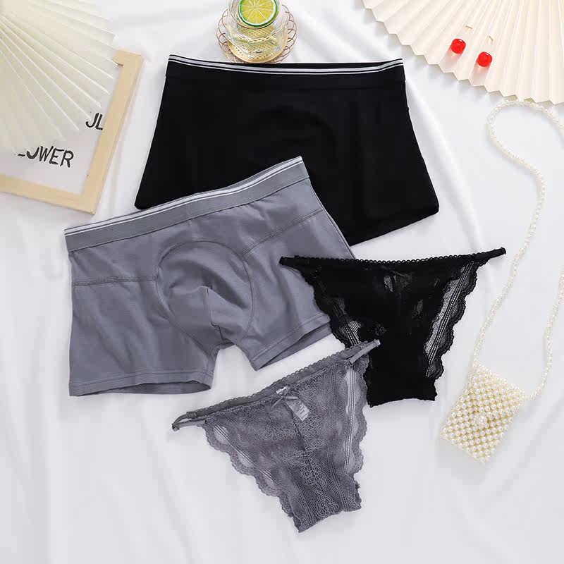 New couple underwear black lace women's underwear adjustable belt sexy hot men's cotton boxers