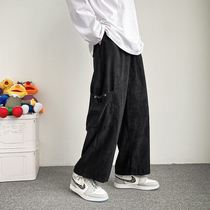 Fall feel wide leg overalls men Korean trend Japanese big pocket loose casual ankle-length pants straight mens pants