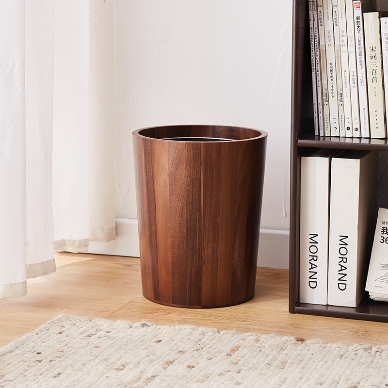 New Chinese-Style Acacia Wood Walnut-Colored Trash Can for Home, Hotel, Guesthouse, Living Room, Kitchen, Bathroom, Large Capacity Wastebasket
