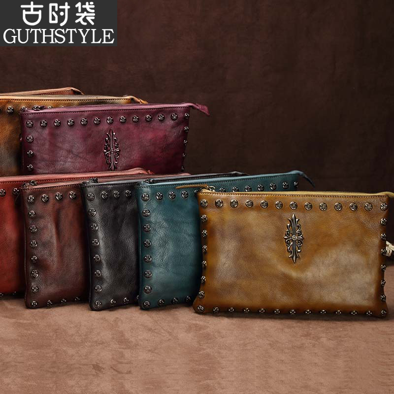 Men's handmade leather handbag headlining Bull Leather Hand Grip Bag Men's Hand Bag Men's Genuine Leather Large Capacity Diagonal Satchel Bag