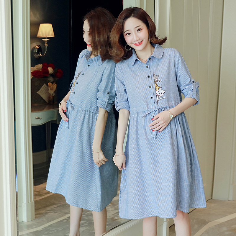 Pregnant women spring fashion striped embroidered shirt dress 2023 new Korean version loose sweet long sleeve dress