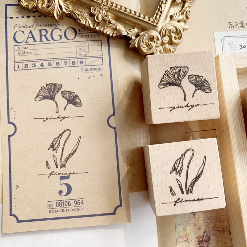 兩隻浣熊銀杏葉蘑菇櫻花蘭花實木印章手賬裝飾復古鹽系通用植物