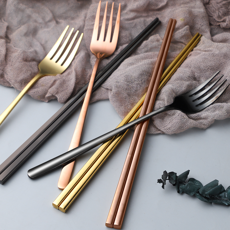 Teremain Lovers Fashion 304 Stainless Steel Metal Color Black Home 10 Sides Shaped Chopsticks West Dining Fork Cutlery 609