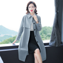 2023 spring and autumn new high-end Korean version slim light blue windbreaker womens mid-length simple temperament foreign style coat