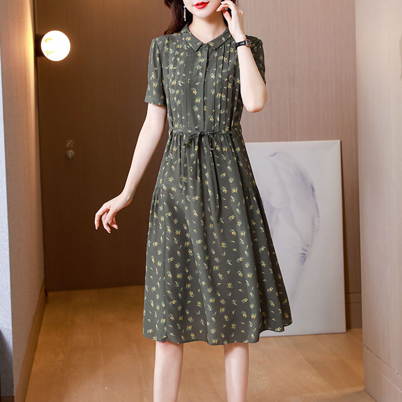 High-grade crepe de chine silk shirt dress women's summer large size mulberry silk mid-length tie-up slim mother's dress