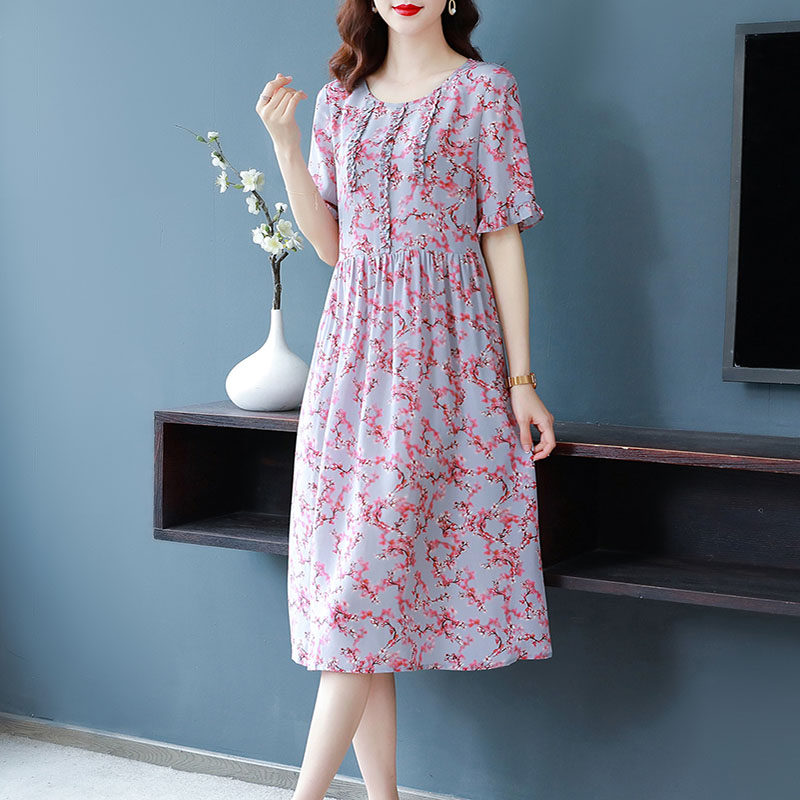 Middle-aged mother silk dress mulberry silk 2022 summer thin section printed mid-length loose and thin skirt