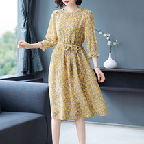 High-end brand silk dress womens mid-length 2022 spring and summer dress with three-quarter sleeves temperament 100 mulberry silk A-line skirt