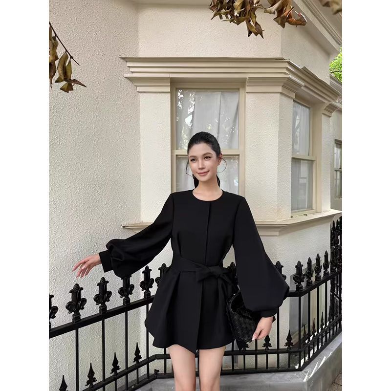 Elegant Trench Coat with Lantern Sleeves, Slimming, Autumn and Winter Season, European and American Simple Style, Puff Sleeves, Mid-Length Coat for Women