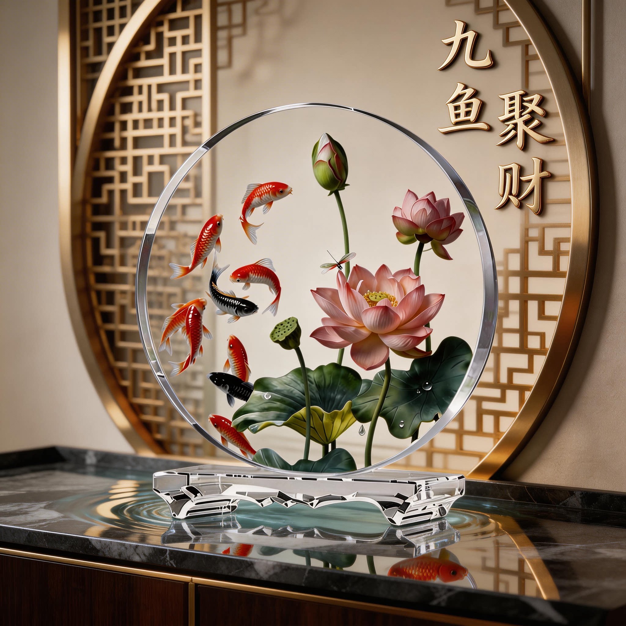 九鱼内雕水晶摆件酒柜客厅电视柜家居装饰品乔迁生日送礼物