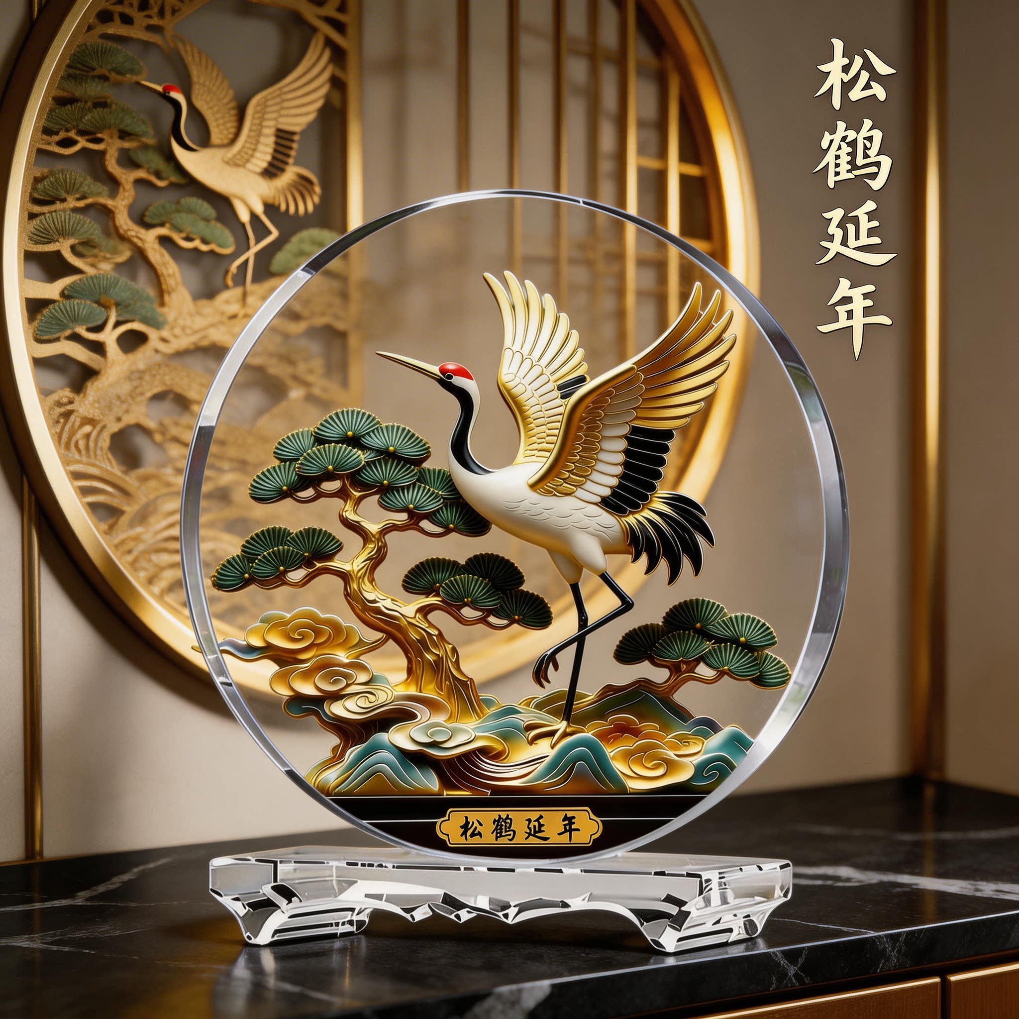 松鹤延年内雕水晶桌面摆件家居客厅玄关办公室贺寿领导送礼工艺品