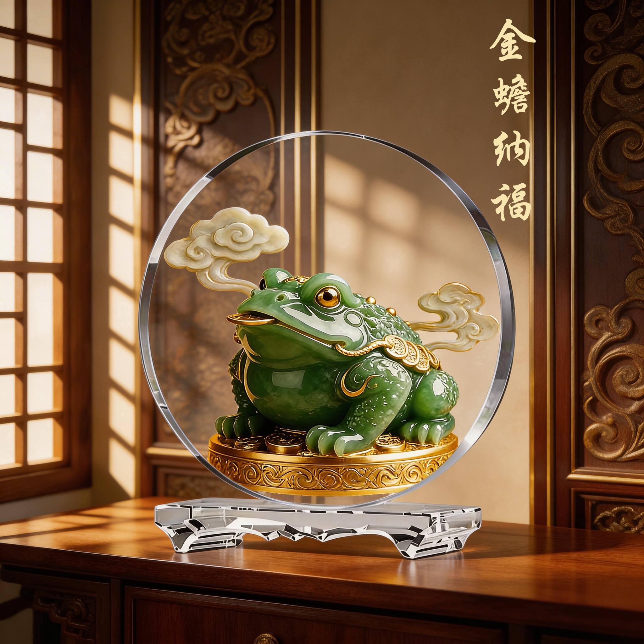 金蟾内雕水晶桌面摆件乔迁客厅玄关电视柜装饰轻奢高档寓意礼物