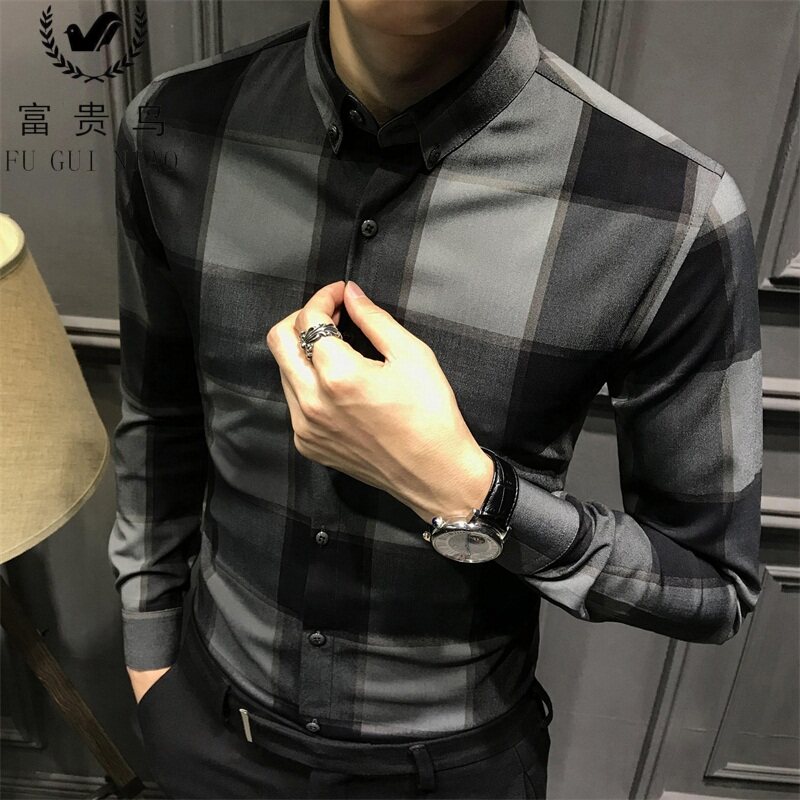 Rich Guido 2021 spring autumn new collage long sleeve Korean version with a checkered shirt male youth handsome gas button collar shirt