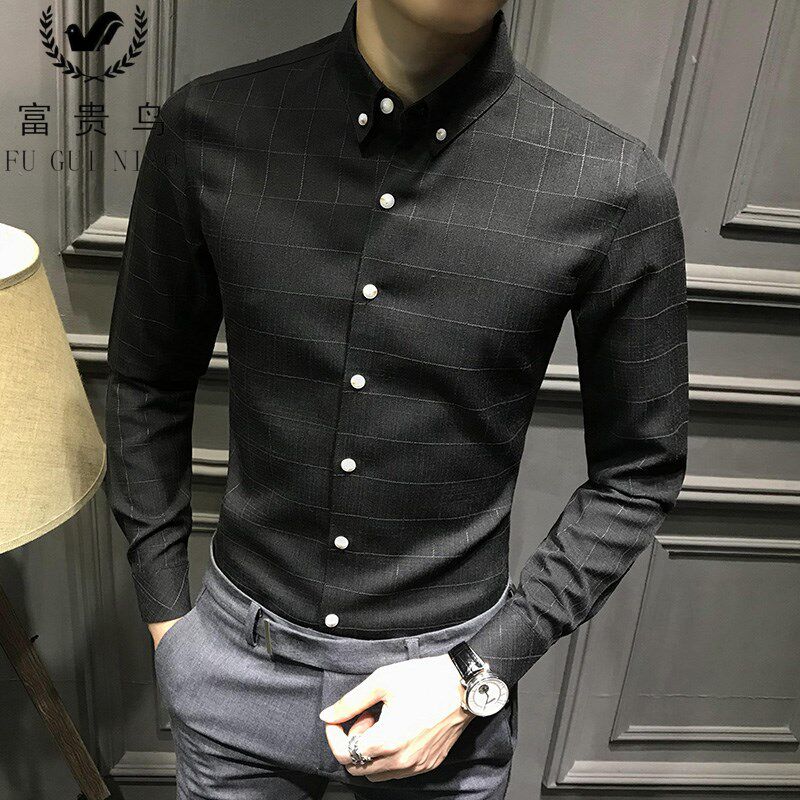 Rich bird plaid shirt men's long-sleeved shirt Korean version of the trend casual formal inch shirt handsome business iron-free self-cultivation