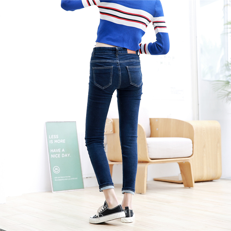 South Korea Mini Brand jeans new medium high waist thin slim plus velvet cigarette tube pants