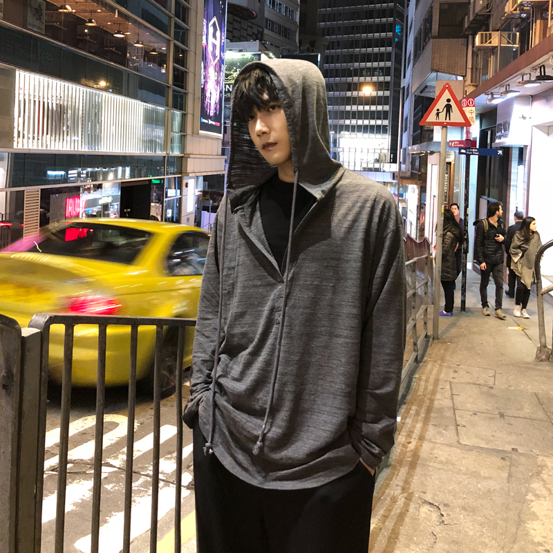 New Korean version with hat T-shirt loose cover for men trendy pure color Young long sleeve slim-to-cap sports shirt lovers