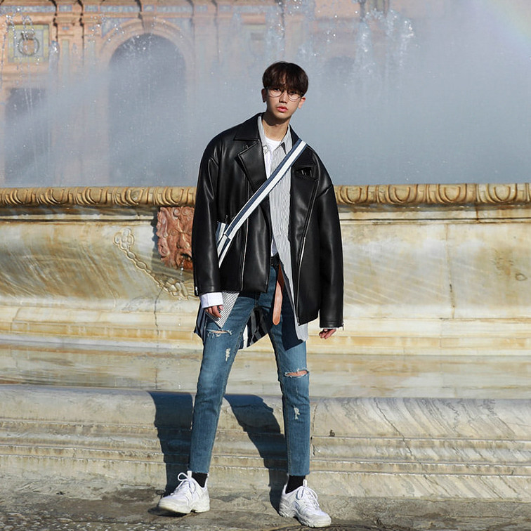 MRCYC autumn Korean version of the oblique zipper motorcycle leather jacket men's youth handsome PU leather jacket loose coat trend