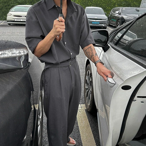 Мужской летний комплект, трендовая рубашка, штаны, короткий рукав, свободный прямой крой