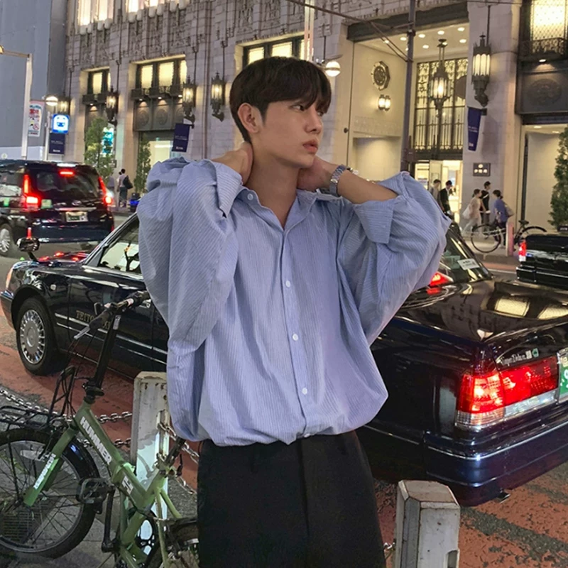 MRCYC Korean style loose long-sleeved striped shirt for men, handsome and trendy boyfriend, versatile shirt, Hong Kong style top