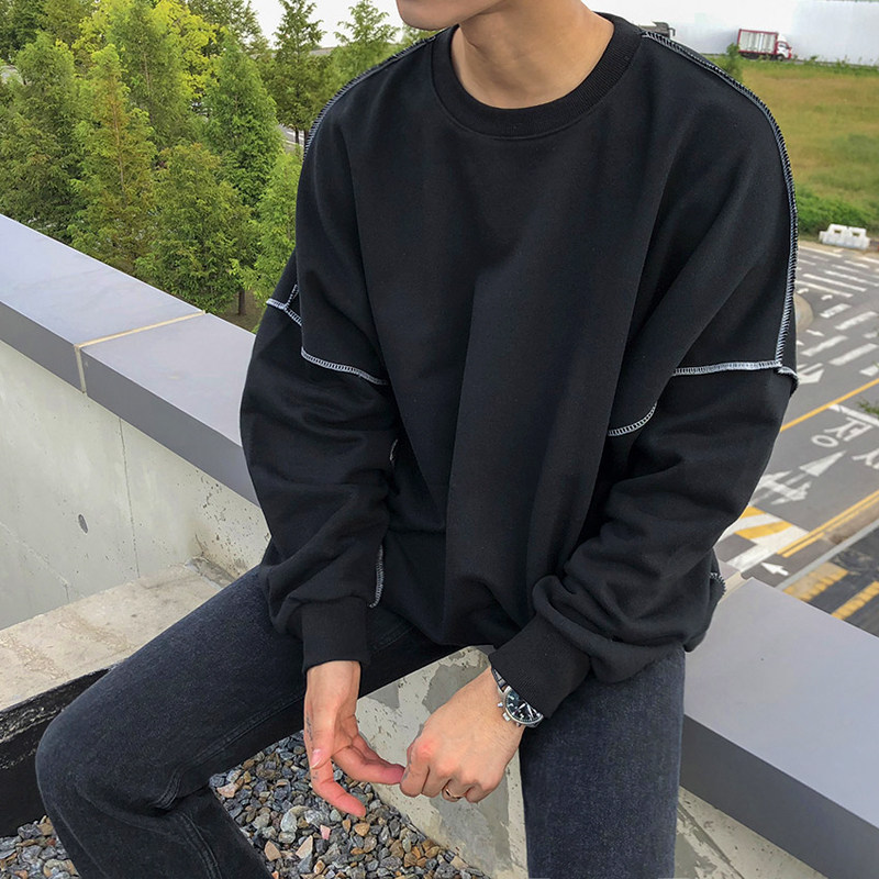 Autumn pure color album Couple Round-collar headdress Han Edition Leisure Oversize relaxed coat male