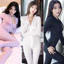 Milk silk one-piece tights Her Secret Lady leak outdoor ultra-thin ice silk sexy stripe wife transparent