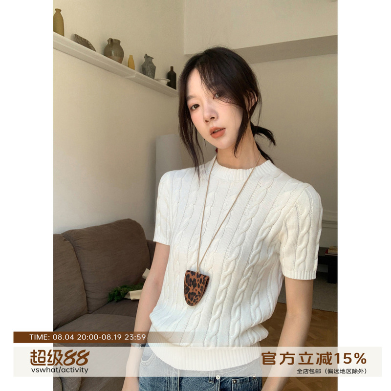 Vs What "Intelligent Old Money Style" Round Neck Slimming Button Knit Short-Sleeve Women's Versatile Lightweight Pure Cotton Top