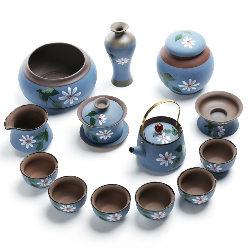 Hand Painted Purple Sand Kung Fu Travel Tea Set Day Style Kung Fu Cometea Cup Tea Tray Small Suit Household Brief portable bag